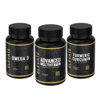 ElevateSupplements Elevate Everyday Health Bundle with Omega 3, Turmeric, and Multivitamin capsules in a health supplement package.