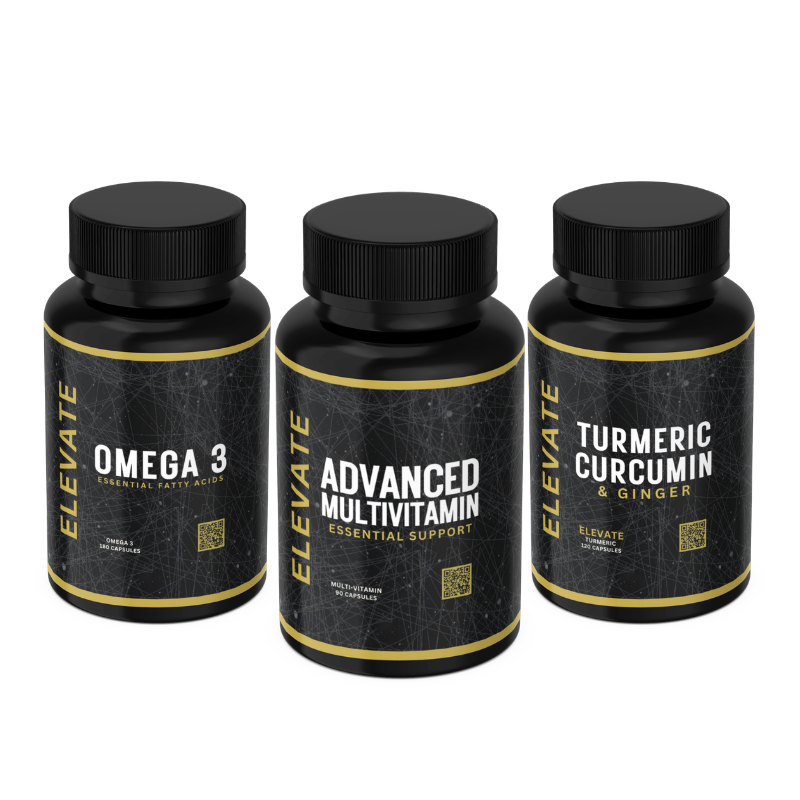 ElevateSupplements Elevate Everyday Health Bundle with Omega 3, Turmeric, and Multivitamin capsules in a health supplement package.