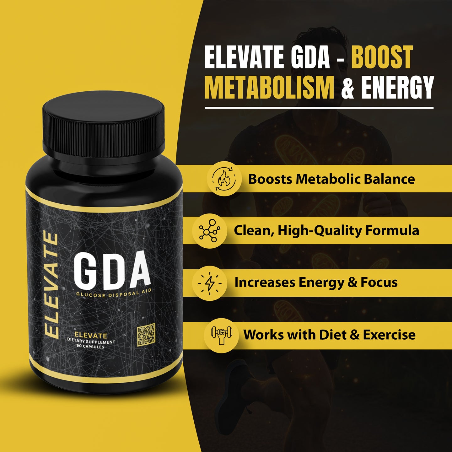 Elevate GDA Glucose Disposal Agent supplement with berberine, showing the supplement bottle and capsules on a white background.