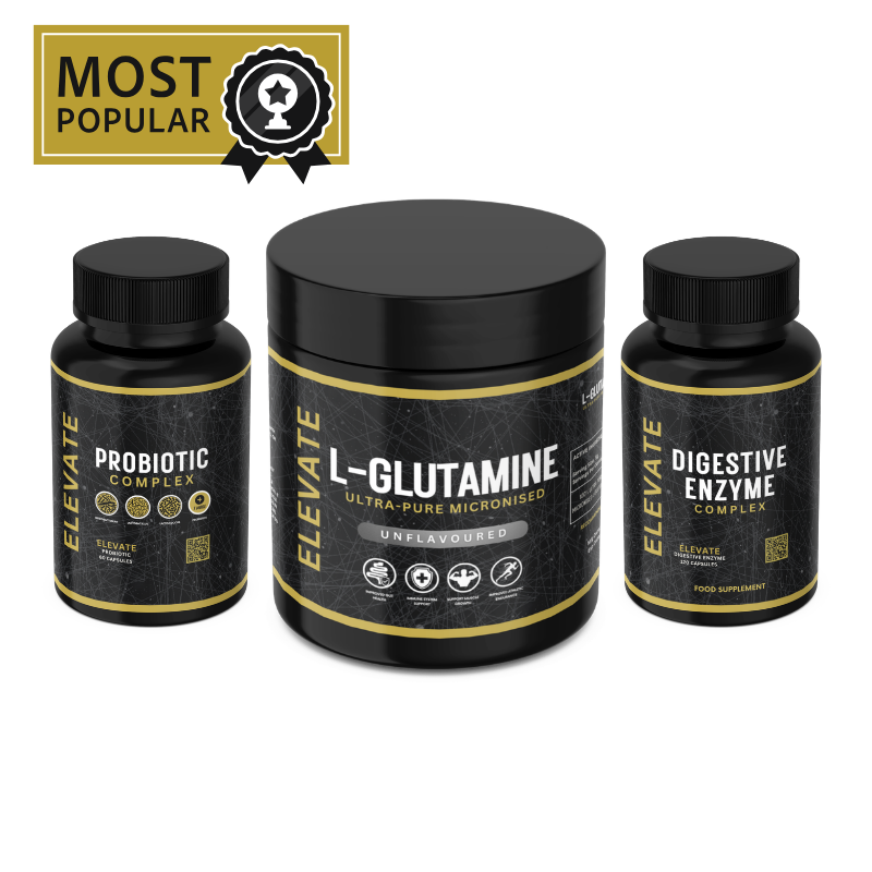 ElevateGut Essentials Bundle with probiotics, digestive enzymes, and L-glutamine in supplement bottles on a white background.