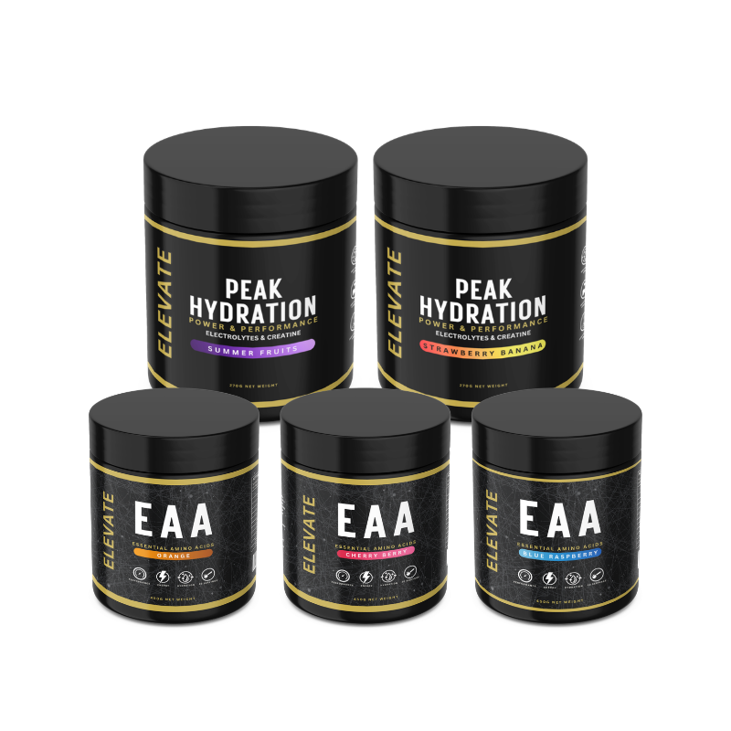 ElevateSupplements Hydration and Performance Bundle with electrolyte drink and essential amino acids in a vibrant package.