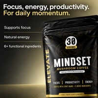 Elevate Mindset Mushroom Coffee by Elevate Supplements in a 180g package, showing the coffee powder and mushroom blend.
