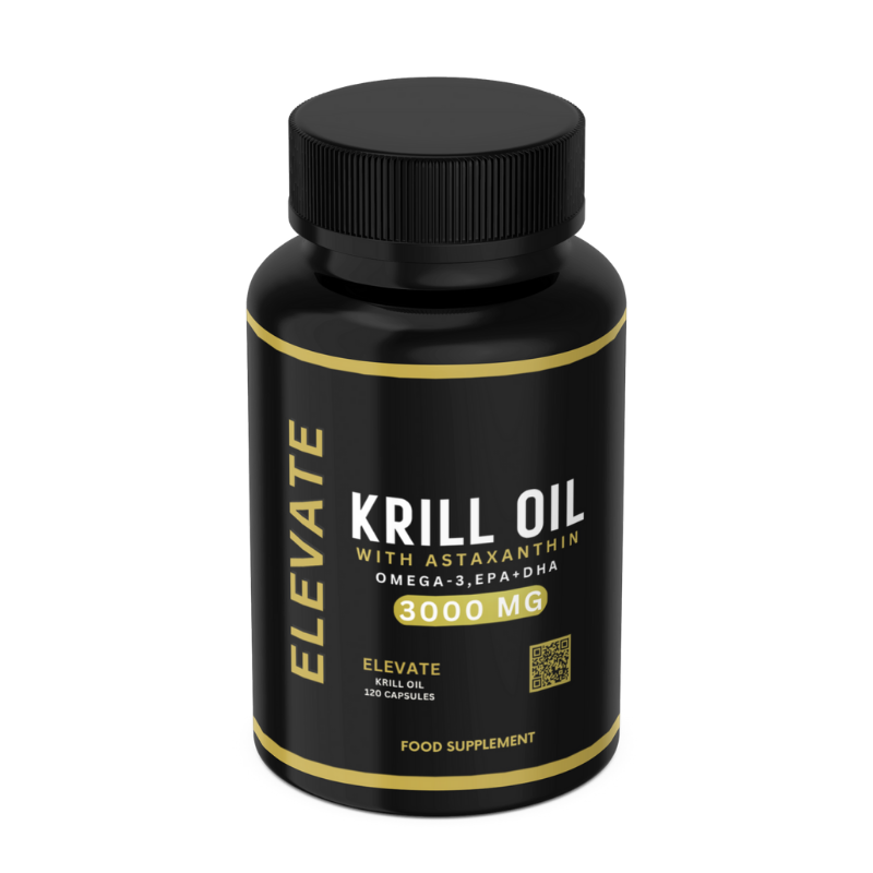Elevate Krill Oil 3000mg softgel capsules with astaxanthin, omega-3, EPA, and DHA for joint and heart health.