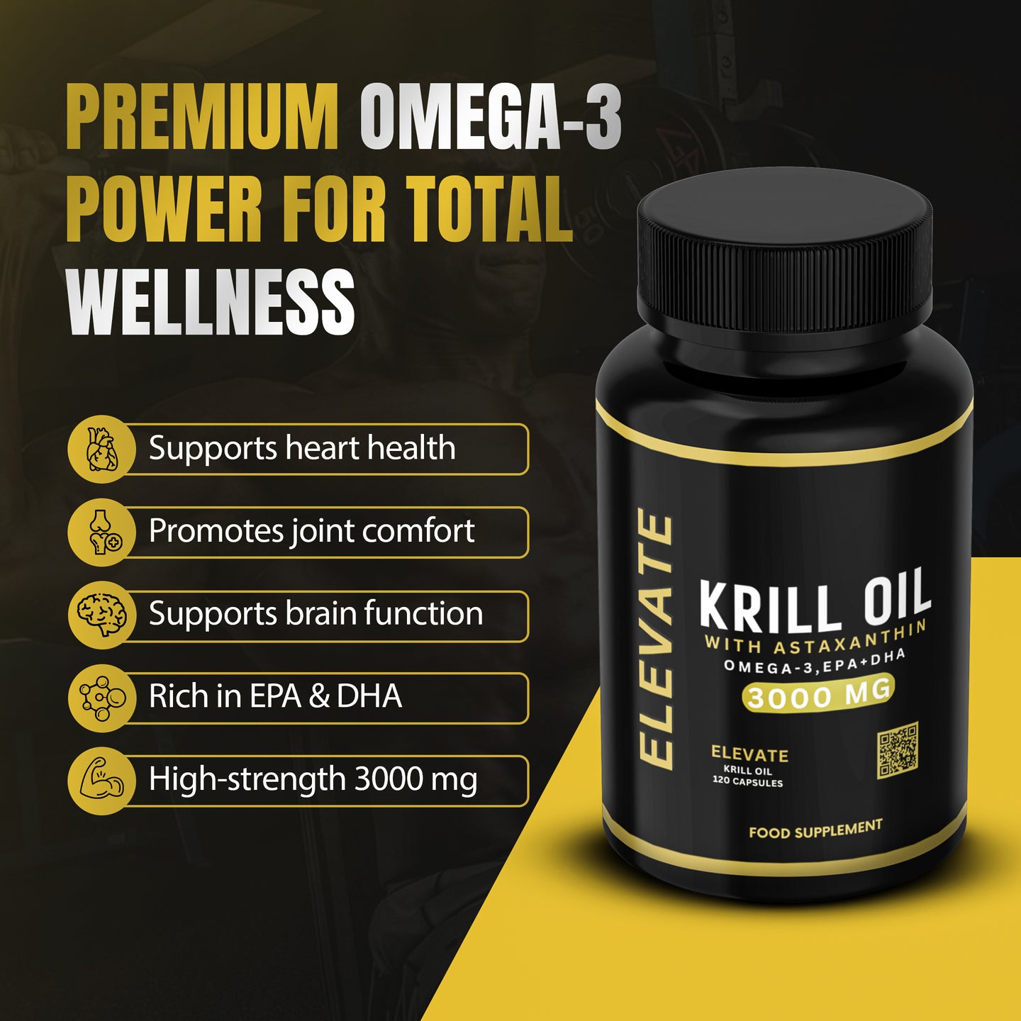 Elevate Krill Oil supplement bottle with 3000mg of omega-3, astaxanthin, EPA, and DHA capsules from ElevateSupplementsNI