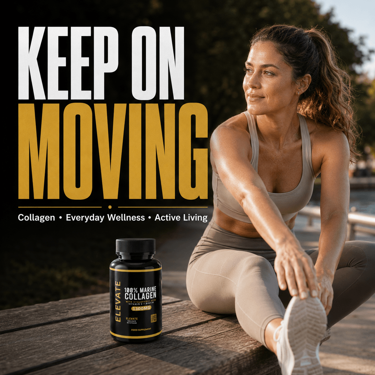 Elevate Marine Collagen supplement bottle with label featuring hyaluronic acid, vitamin C, and biotin from ElevateSupplementsNI