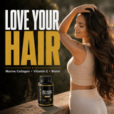Elevate Marine Collagen supplement bottle featuring ingredients like hyaluronic acid, vitamin C, and biotin, with supplement tablets.