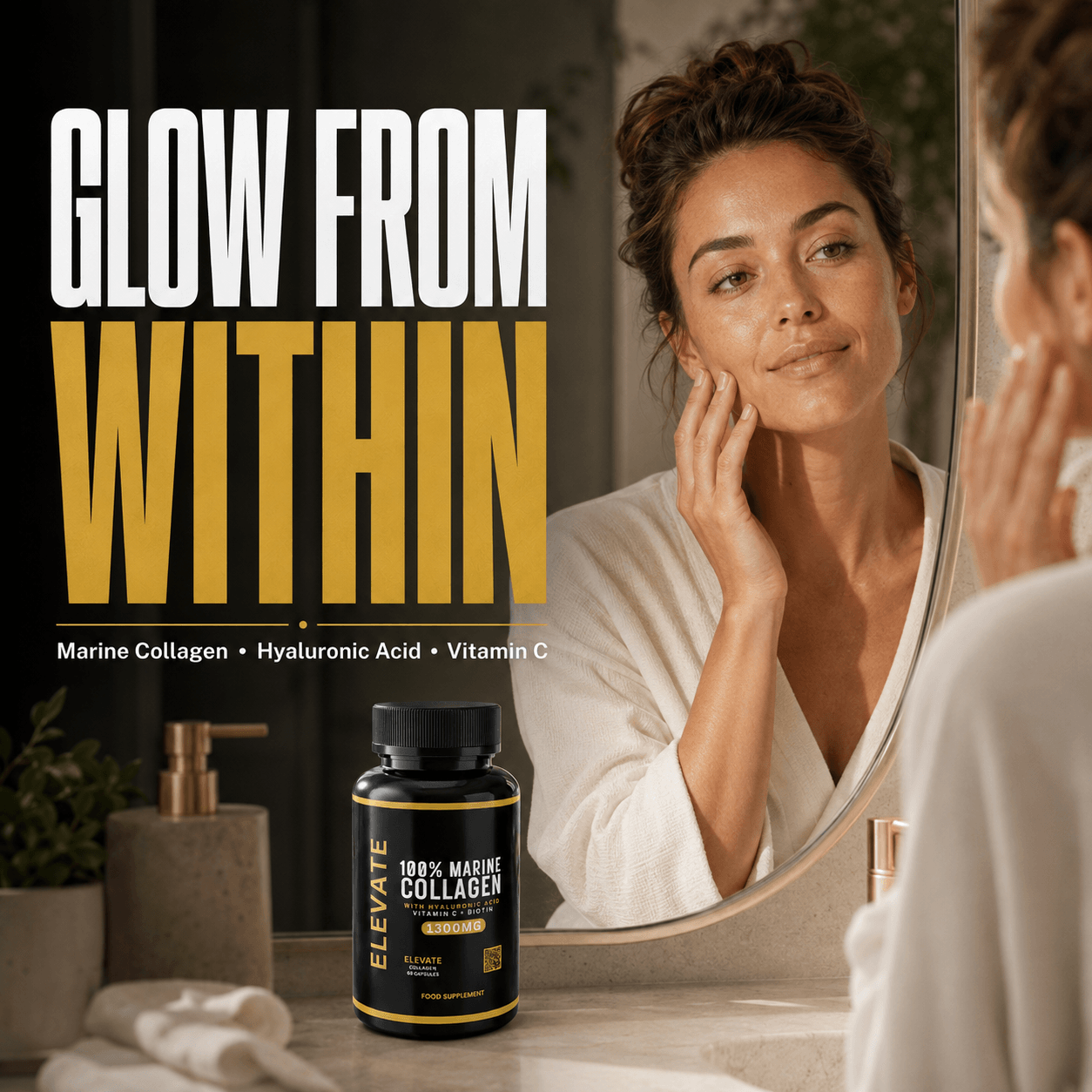 Elevate Marine Collagen supplement with hyaluronic acid, vitamin C, and biotin, featuring a white bottle with colorful label.