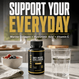 Elevate Marine Collagen supplement with hyaluronic acid, vitamin C, and biotin, shown in a clear container with supplement tablets.