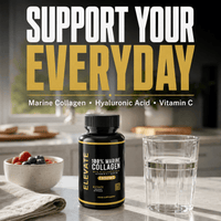 Elevate Marine Collagen supplement with hyaluronic acid, vitamin C, and biotin, shown in a clear container with supplement tablets.