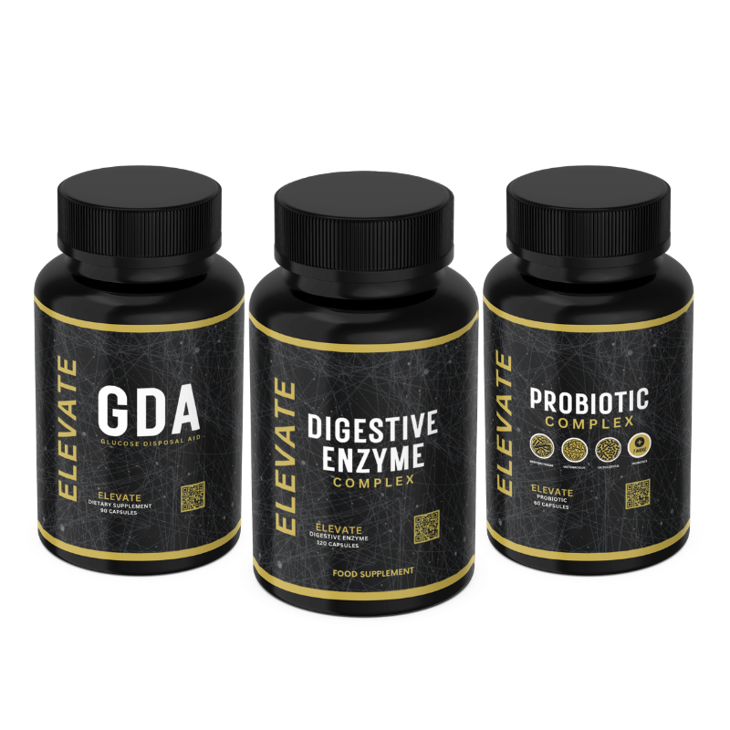 ElevateSupplements Elevate Meal & Digestion Bundle showing bottles of GDA, digestive enzymes, and probiotics on a white background.