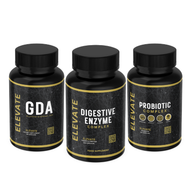 ElevateSupplements Elevate Meal & Digestion Bundle showing bottles of GDA, digestive enzymes, and probiotics on a white background.