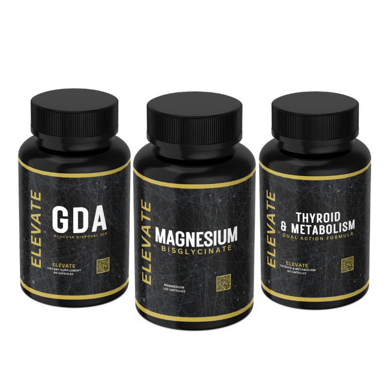 ElevateMetabolicSupport Bundle includes GDA supplement, magnesium, and thyroid support capsules on a white background.