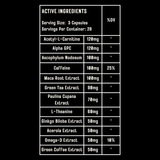 Elevate Mind & Focus supplement by ElevateSupplementsNI, featuring Alpha GPC and Acetyl-L-Carnitine, shown in a focus and mental clarity panel.