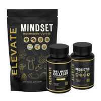 Elevate Morning Essentials Bundle with mushroom coffee, collagen, and probiotics in a neatly arranged set for a healthy start.