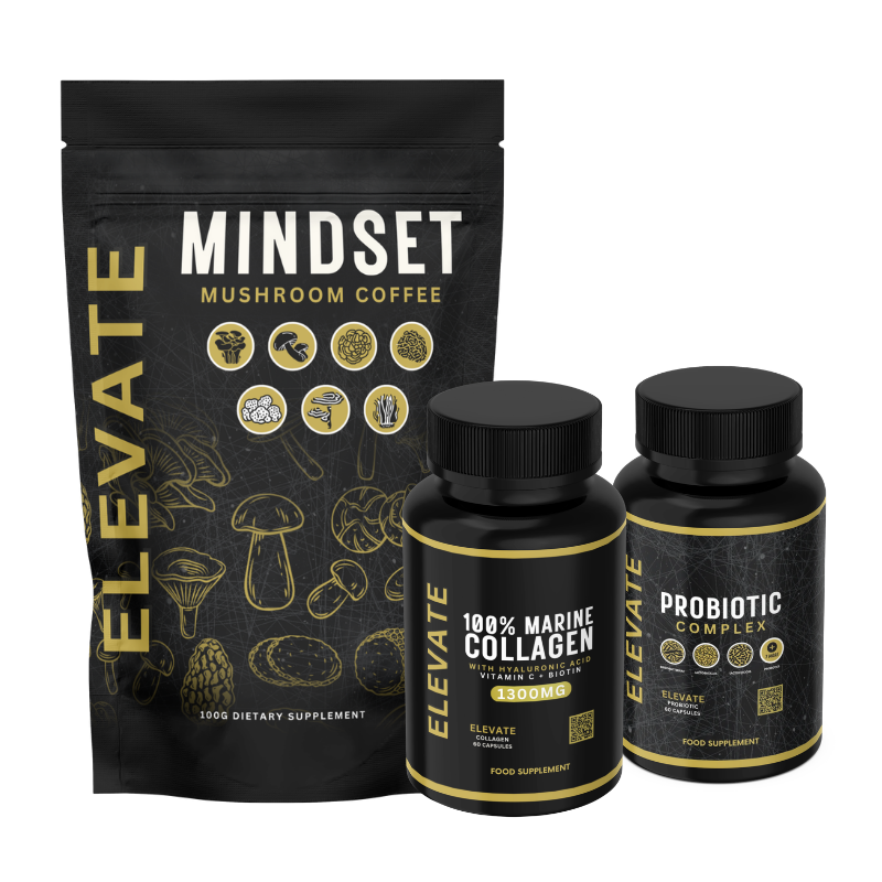 Elevate Morning Essentials Bundle with mushroom coffee, collagen, and probiotics in a neatly arranged set for a healthy start.