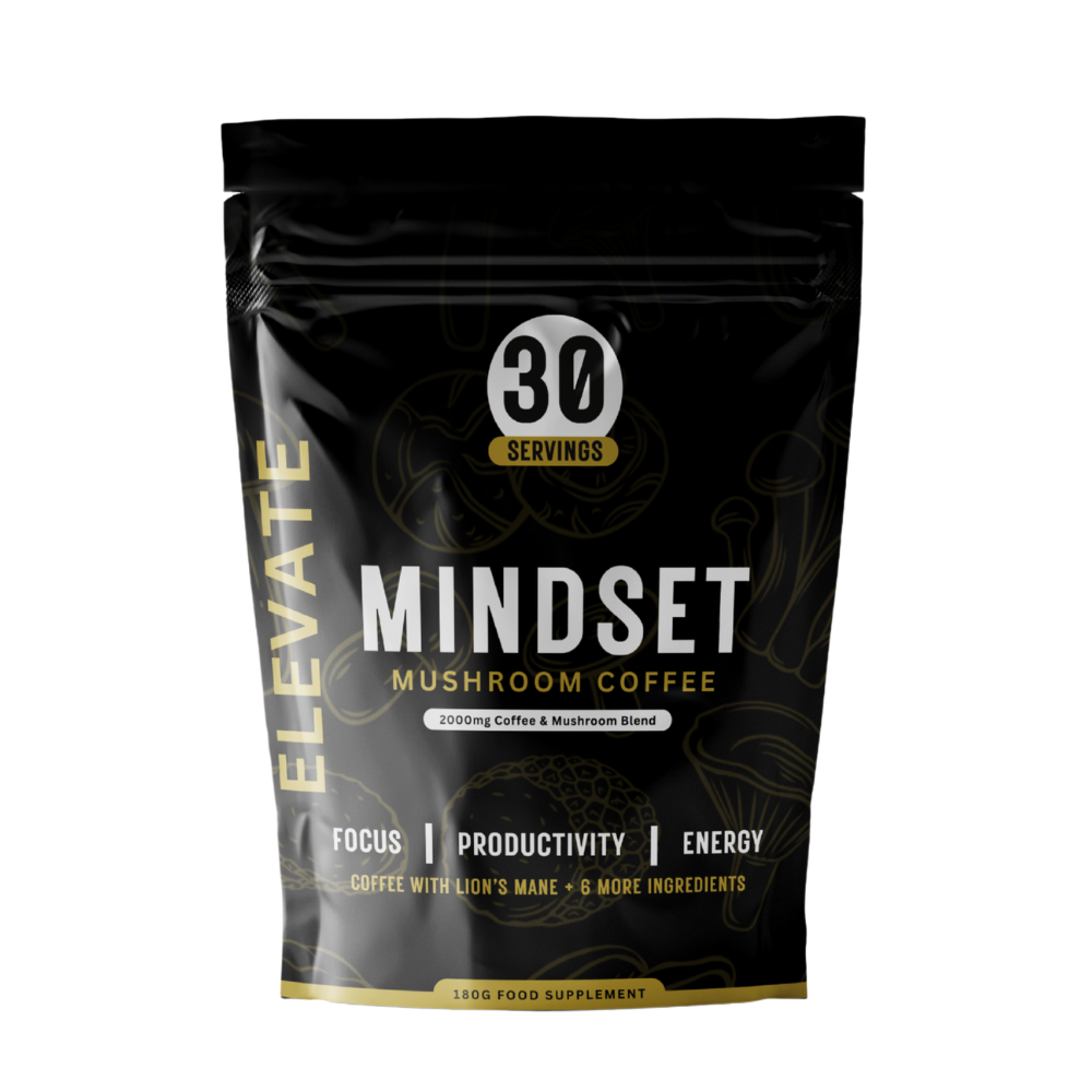 Elevate Mindset Mushroom Coffee by Elevate Supplements, 180g jar, featuring coffee with adaptogenic mushrooms for focus and energy.