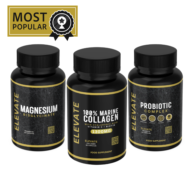 Elevate Daily Wellness Bundle from ElevateSupplements featuring gut health, magnesium, and collagen supplements.