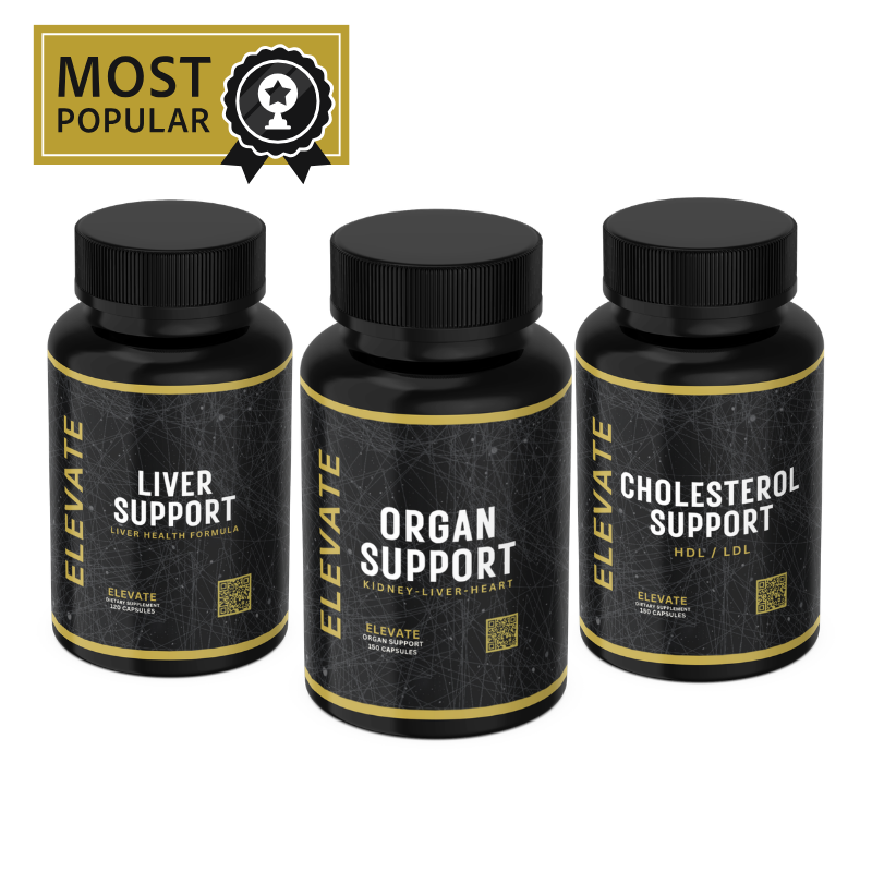 ElevateSupplements Organ Support Bundle featuring supplements for liver health, cholesterol management, and overall organ support.