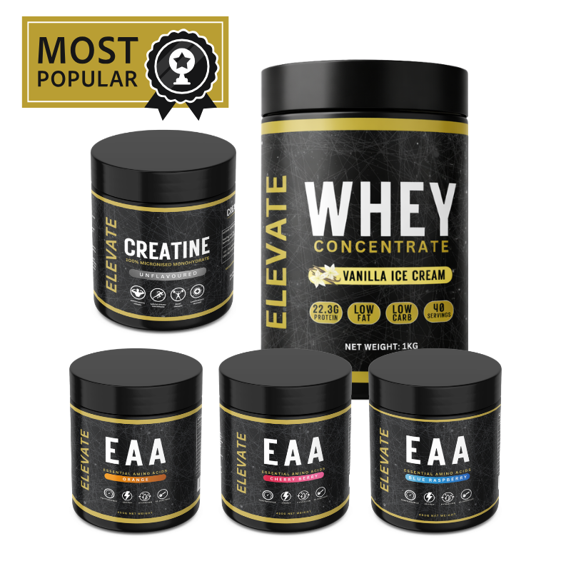 ElevateSupplements Performance Essentials Bundle with creatine, whey protein, and amino acids, displayed in containers on a white background.