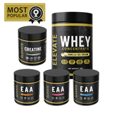 ElevateSupplements Performance Essentials Bundle with creatine, whey protein, and amino acids, displayed in containers on a white background.