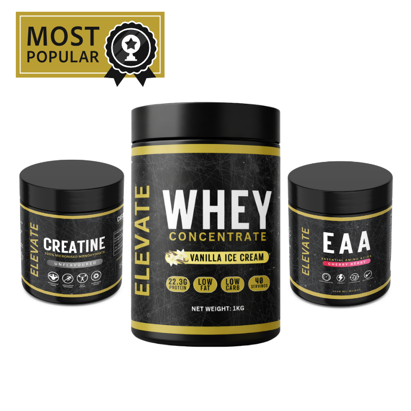 Cherry-flavored performance supplements bundle by ElevateSupplements, including creatine, whey protein, and essential amino acids.
