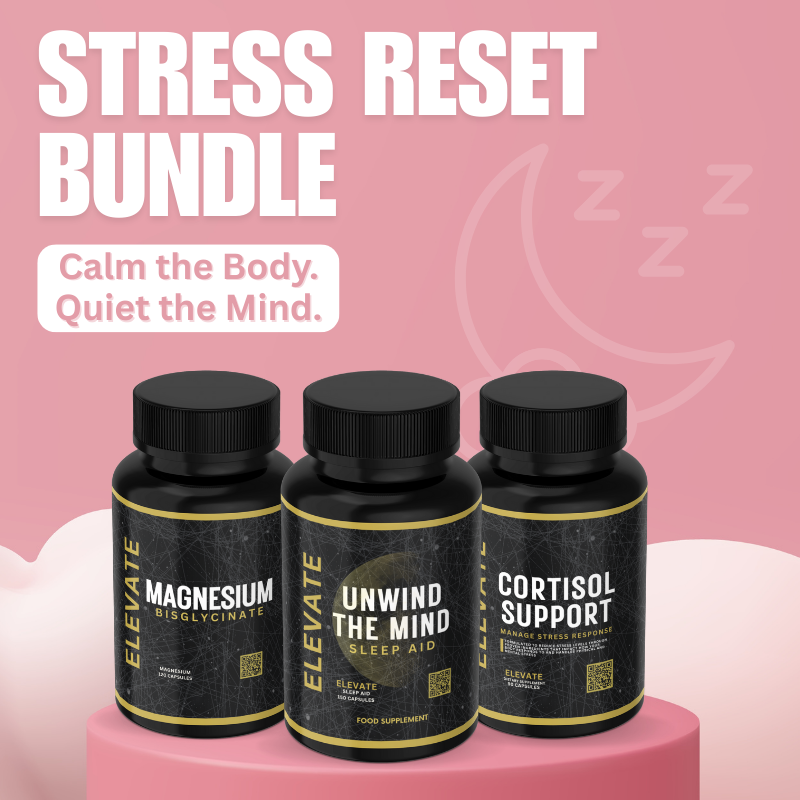 Elevate Supplements Stress Reset Bundle featuring supplement bottles with natural ingredients for stress relief and relaxation.