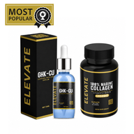 Elevate Skin Essentials Bundle featuring Marine Collagen and GHK-Cu Copper Peptide Serum with skincare bottles and packaging.