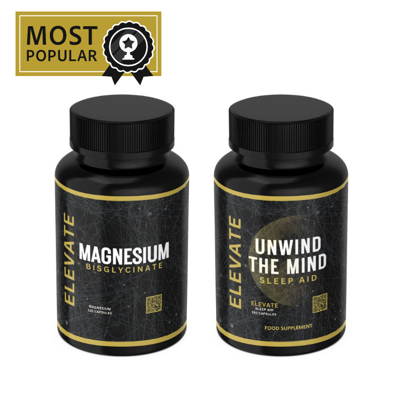 ElevateSleep Essentials Bundle with magnesium and sleep aid supplements from ElevateSupplements, featuring bottles of dietary sleep support products.