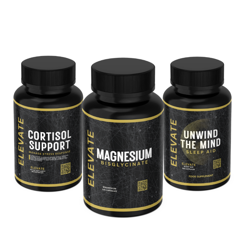 ElevateSupplements Stress & Sleep Bundle showing bottles of cortisol support, magnesium supplement, and sleep aid capsules on a white background.