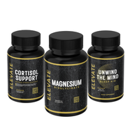 ElevateSupplements Stress & Sleep Bundle showing bottles of cortisol support, magnesium supplement, and sleep aid capsules on a white background.