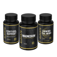 ElevateSupplements Stress & Sleep Bundle showing bottles of cortisol support, magnesium supplement, and sleep aid capsules on a white background.