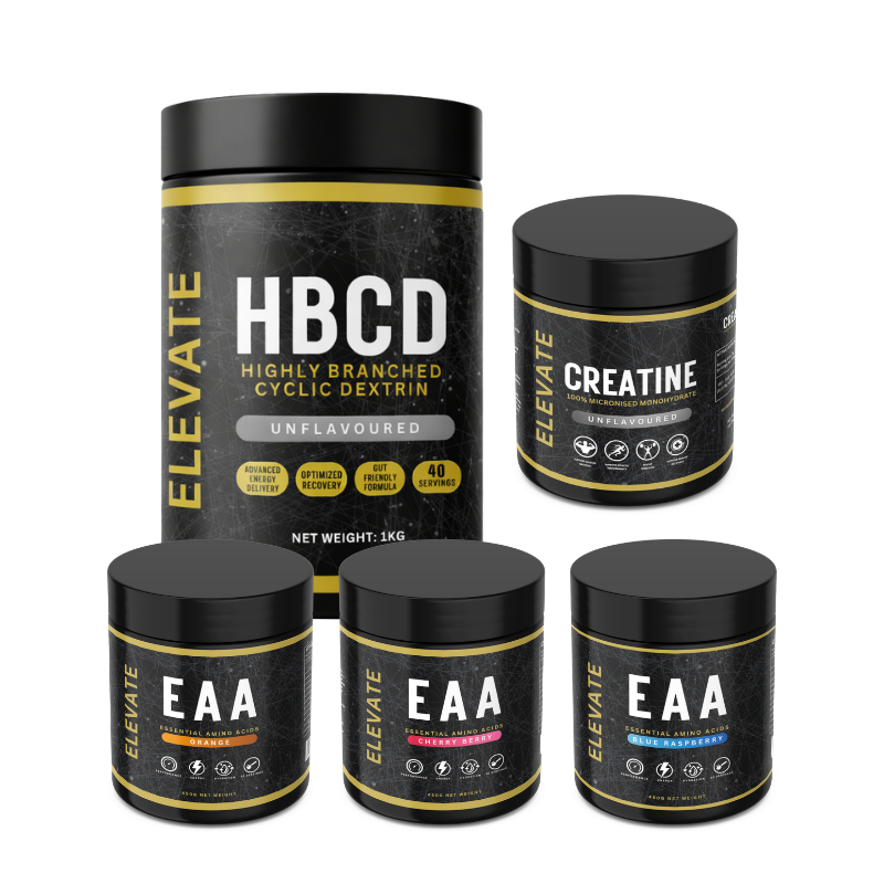 Elevate Training Stack by ElevateSupplements featuring creatine, HBCD, and essential amino acids in supplement containers.
