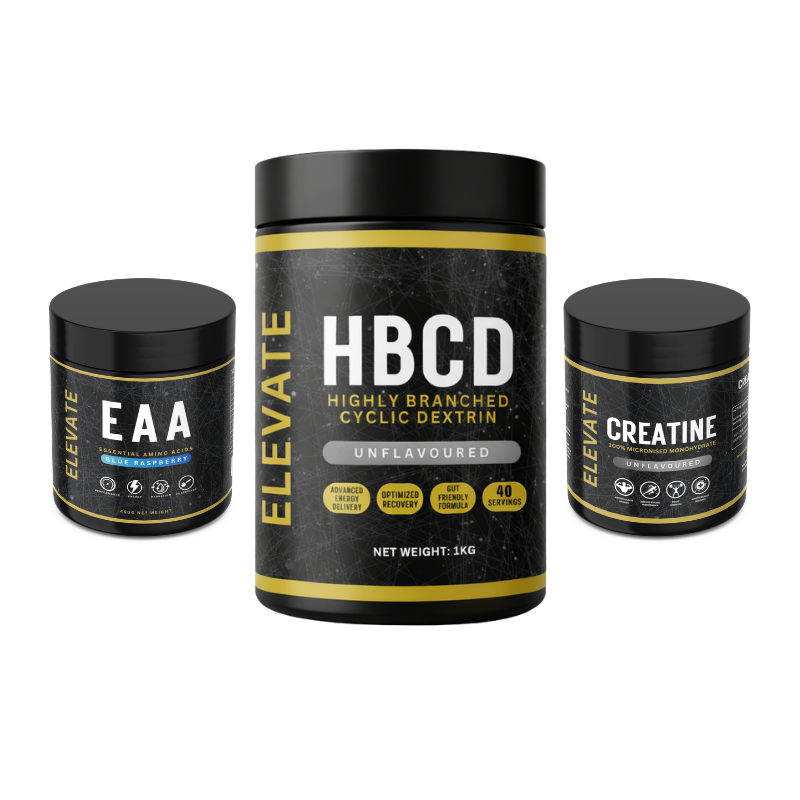 Blue Elevate Training Stack box featuring creatine, HBCD, and essential amino acids for workout performance and recovery.