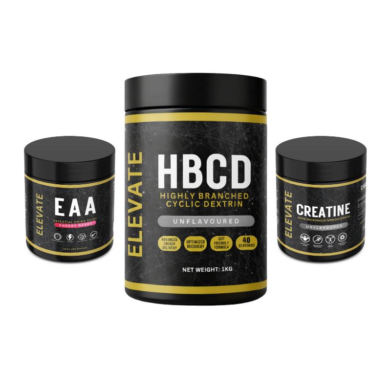 Elevate Training Stack with cherry-flavored creatine, HBCD, and essential amino acids in a colorful supplement container.