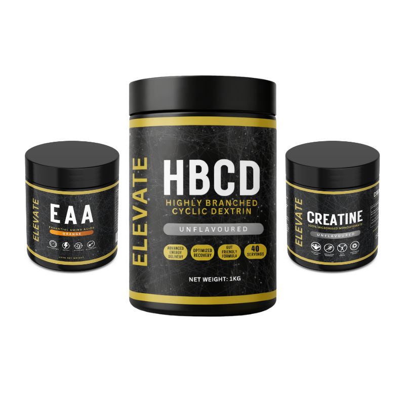 ElevateSupplements Elevate Training Stack with creatine, HBCD, and amino acids in an orange container, designed for workout support.