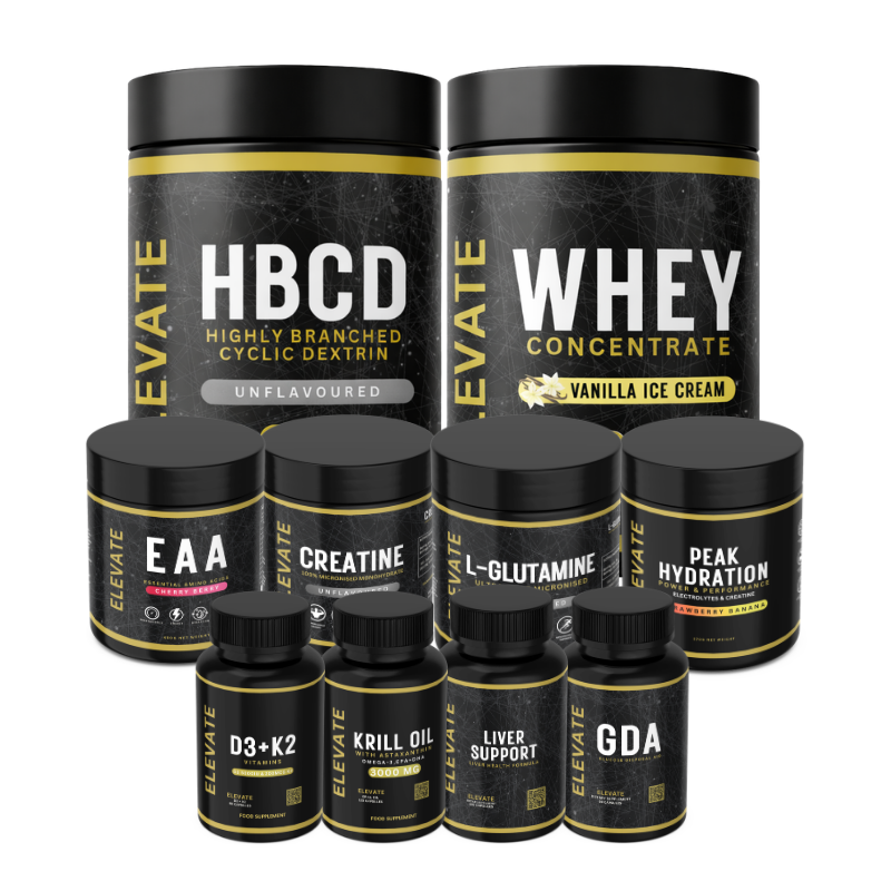 Elevate Ultimate Bodybuilding Stack | D3 + K2, Krill Oil, Liver Support, GDA, Creatine, L-Glutamine, EAAs, HBCD, Peak Hydration & Whey Protein