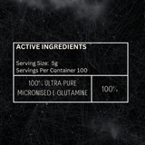 ElevateSupplementsNI Elevate L-Glutamine 100% Ultra Micronised powder in a 500g container, shown in a clean, white scoop.