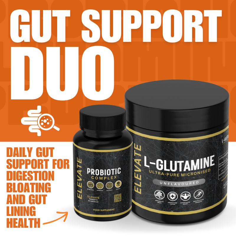 ElevateSupplementsV2 Gut Support Duo featuring two supplement bottles with labels showing digestive health ingredients.