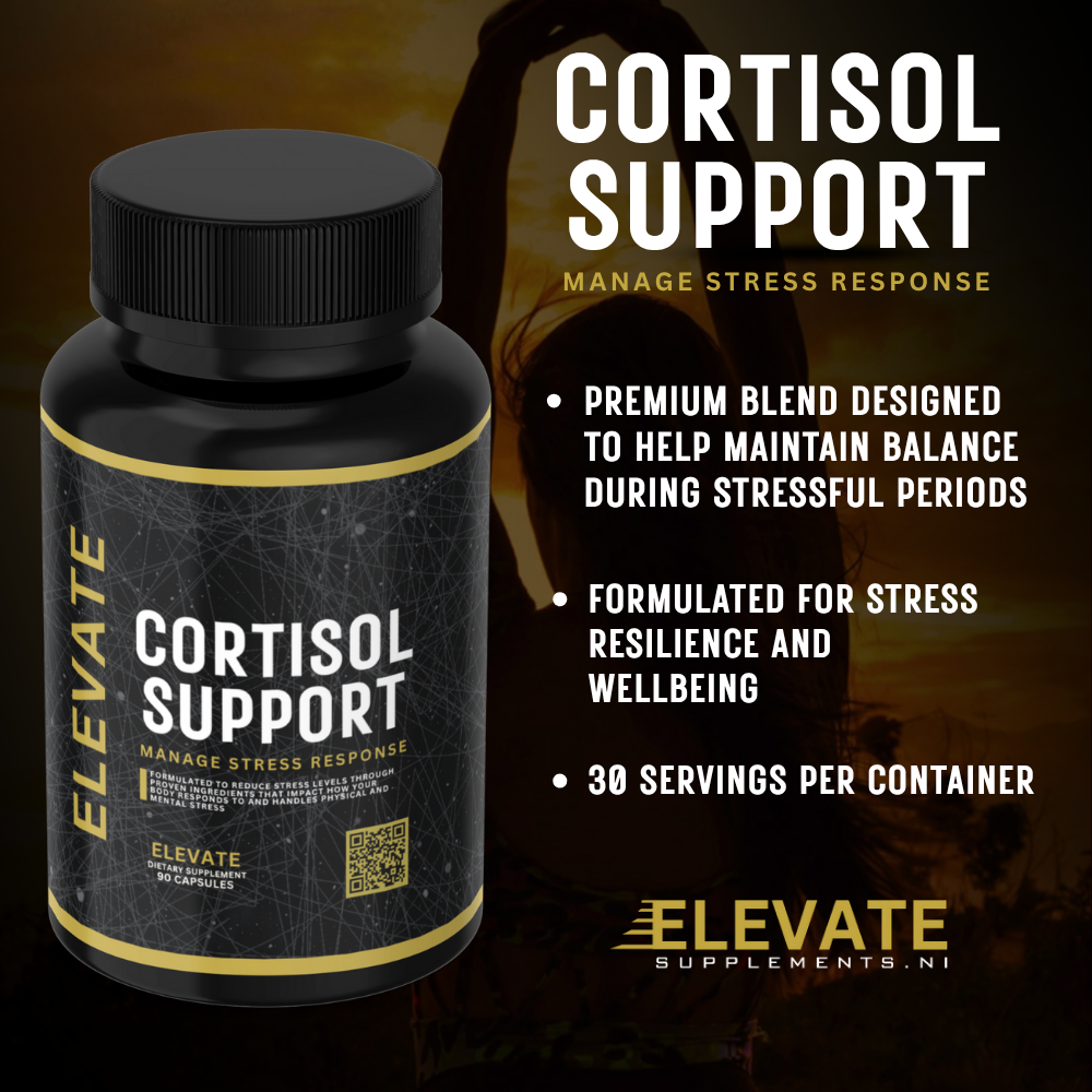 Bottle of Elevate Cortisol Support by ElevateSupplementsNI with ashwagandha and rhodiola capsules on a white background.