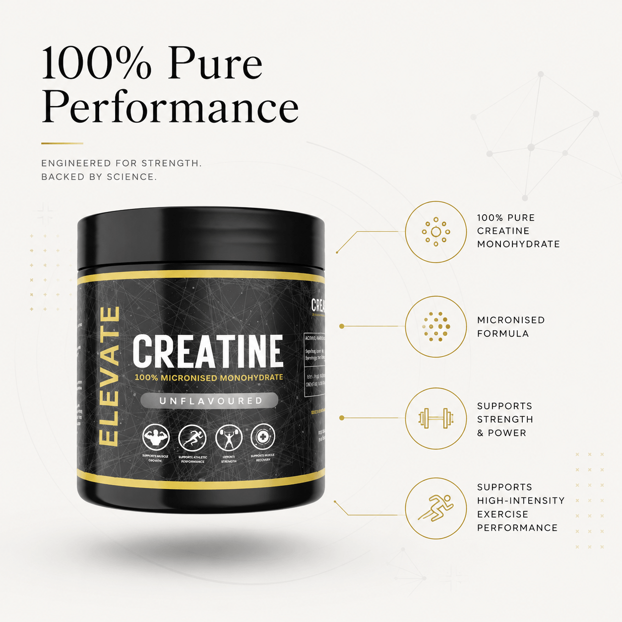 Container of Elevate Creatine Monohydrate by ElevateSupplementsNI, showing a clear jar of pure micronized creatine powder on a white background.