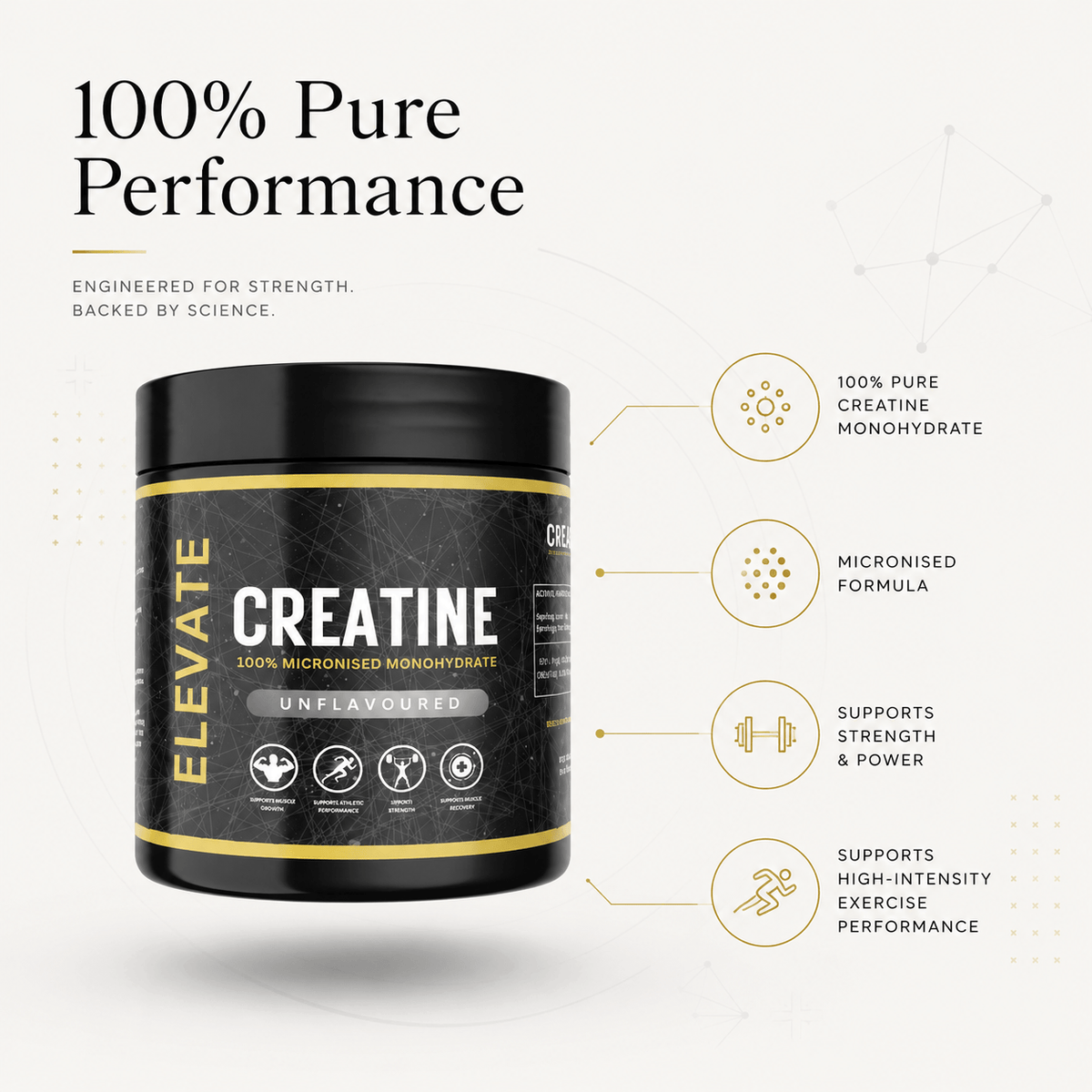 Container of Elevate Supplements NI 100% pure micronized creatine monohydrate powder, 500g, shown in a clear plastic jar.
