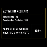 Container of Elevate Supplements NI 100% pure micronised creatine monohydrate powder, 500g for athletic performance.