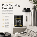 Elevate Creatine Monohydrate powder in a 500g container, micronised for better absorption, used for muscle energy and strength.