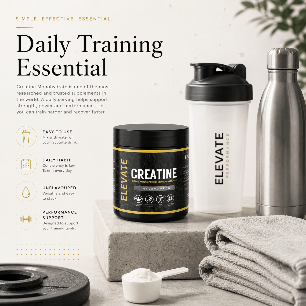 Elevate Creatine Monohydrate powder in a 500g container, micronised for better absorption, used for muscle energy and strength.