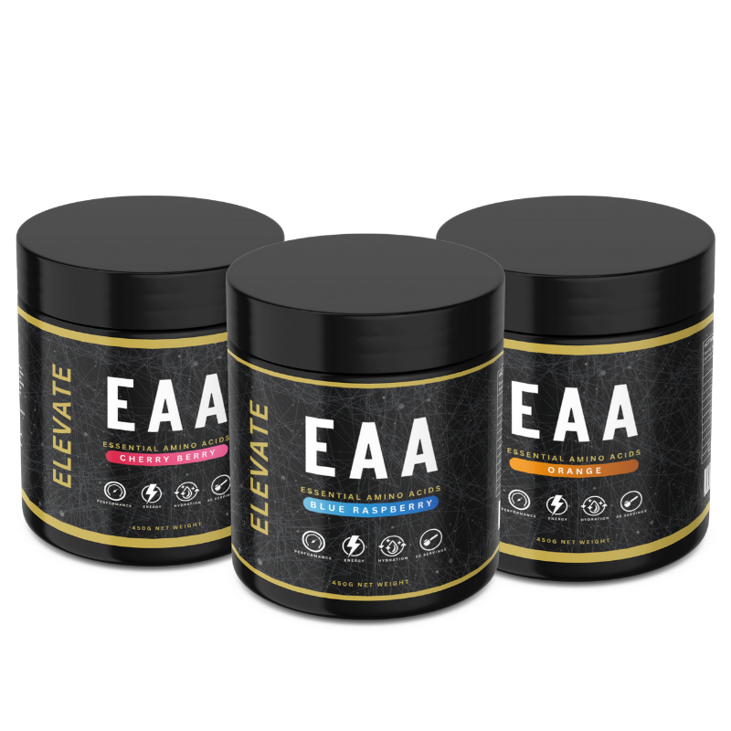 Elevate Essential Amino Acids supplement in 450g container, featuring all flavors with EAAs and electrolytes for muscle recovery.