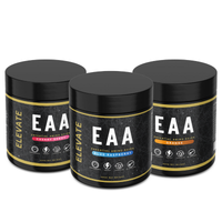 Elevate Essential Amino Acids supplement in 450g container, featuring all flavors with EAAs and electrolytes for muscle recovery.