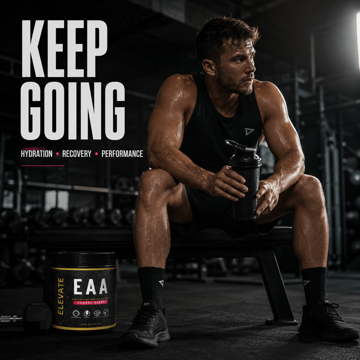 Elevate Essential Amino Acids and Electrolytes powder in a 450g container for workout recovery and muscle support.
