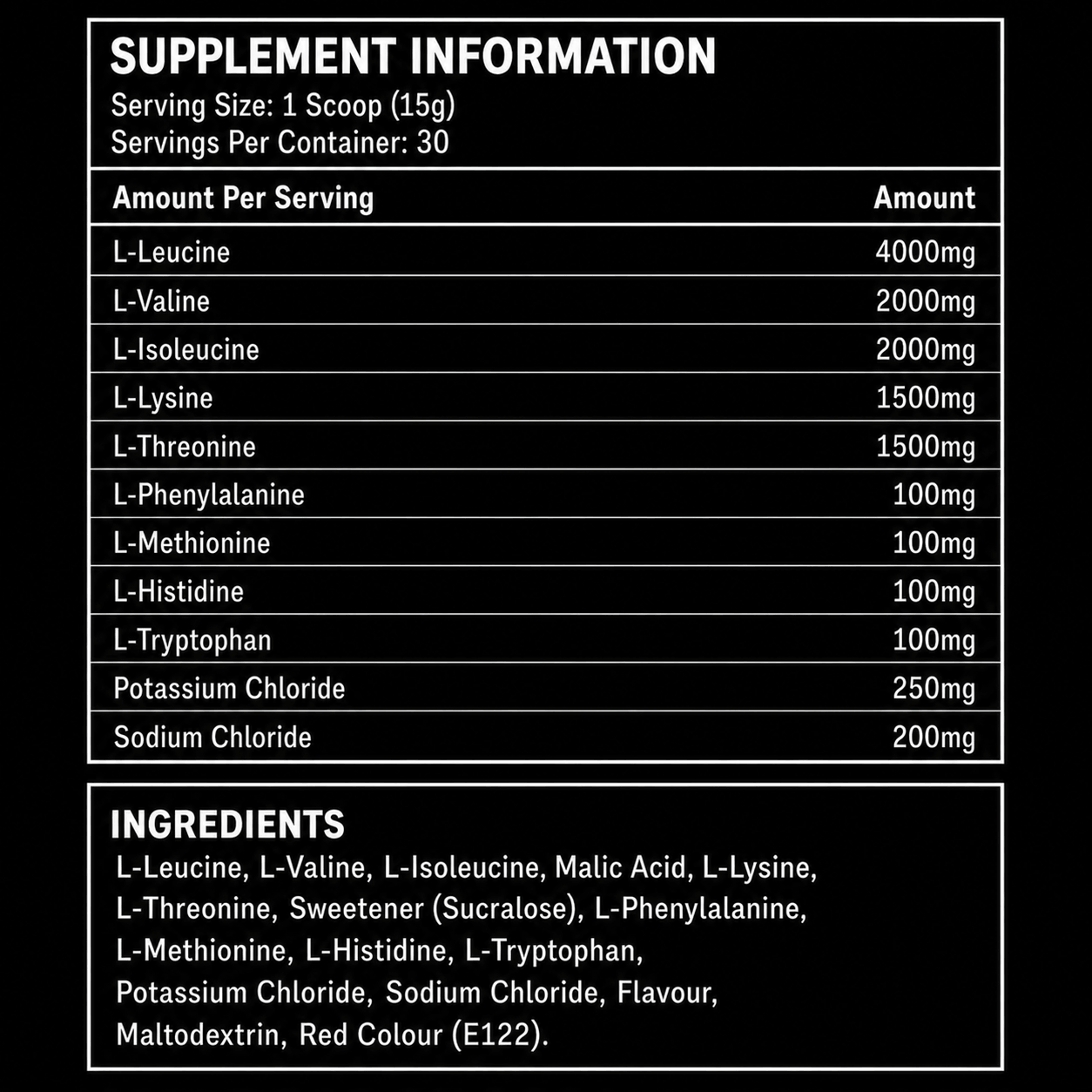 Elevate Essential Amino Acids supplement container with nutrition facts label, highlighting EAAs and electrolytes for muscle recovery and hydration.
