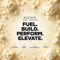 Elevate Whey Protein by ElevateSupplementsNI in vanilla ice cream flavor, 1kg container, high protein formula with scoop and packaging.