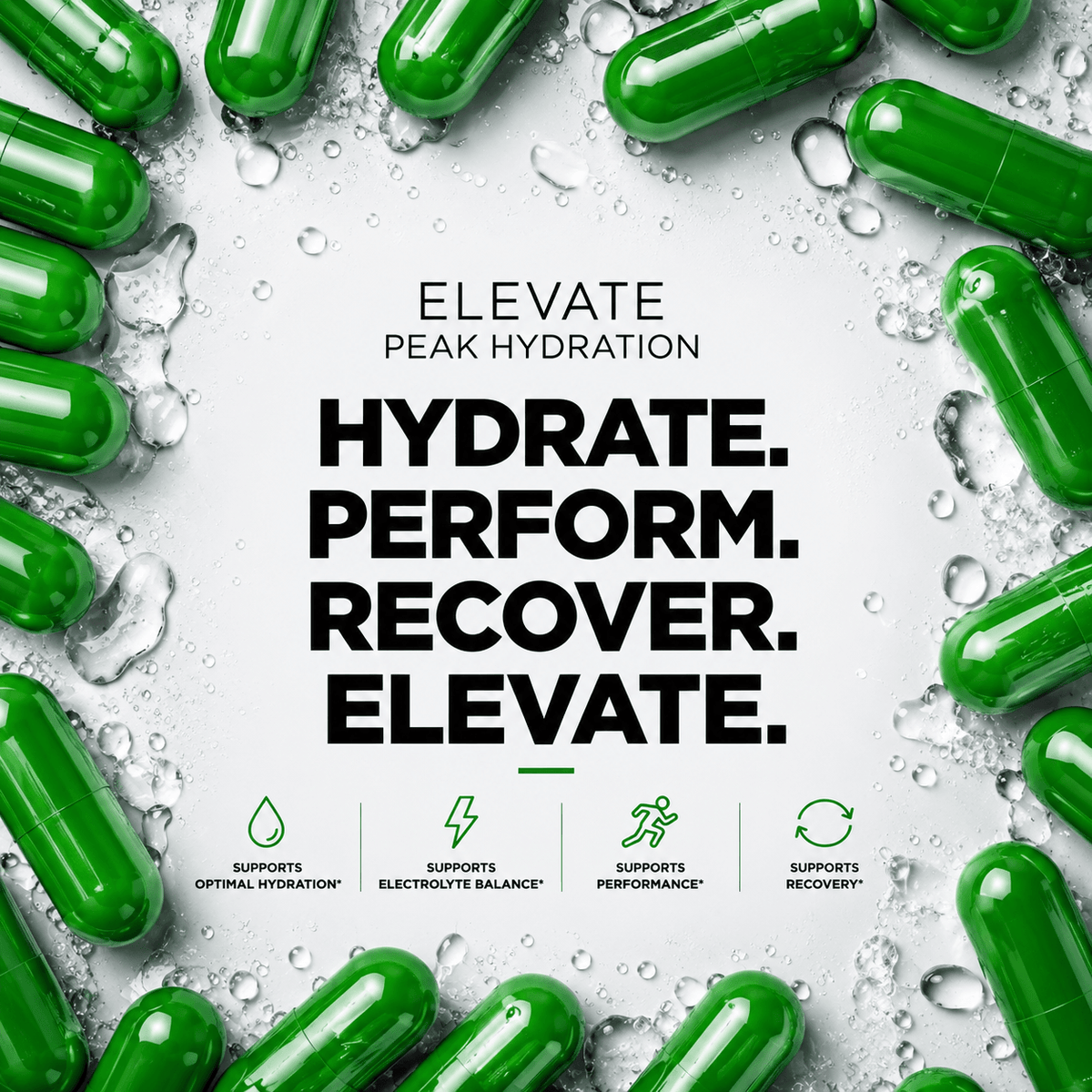 Elevate Peak Hydration capsules with PeakO2 and elevATP for enhanced hydration, performance, and recovery by ElevateSupplementsNI.